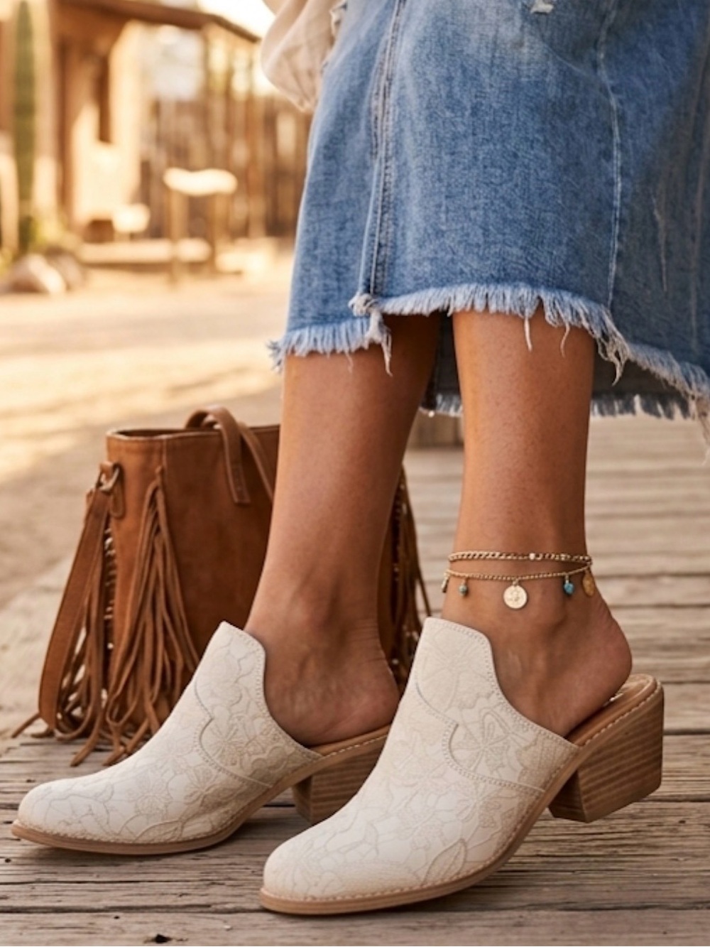 Very G Beige Lace Mules with Wood Look Heel
